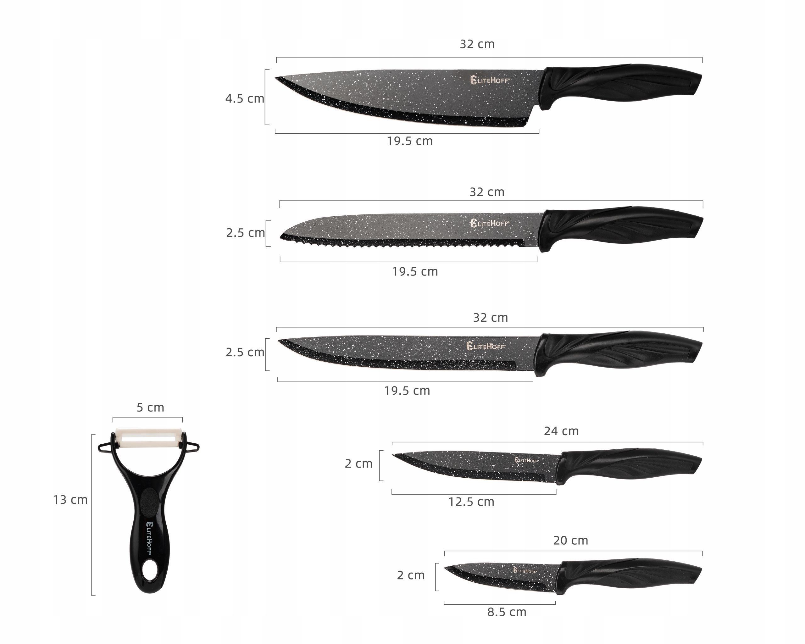Czarny Komplet noży w pudełku Elitehoff 5 noże + obieraczka 6 szt.