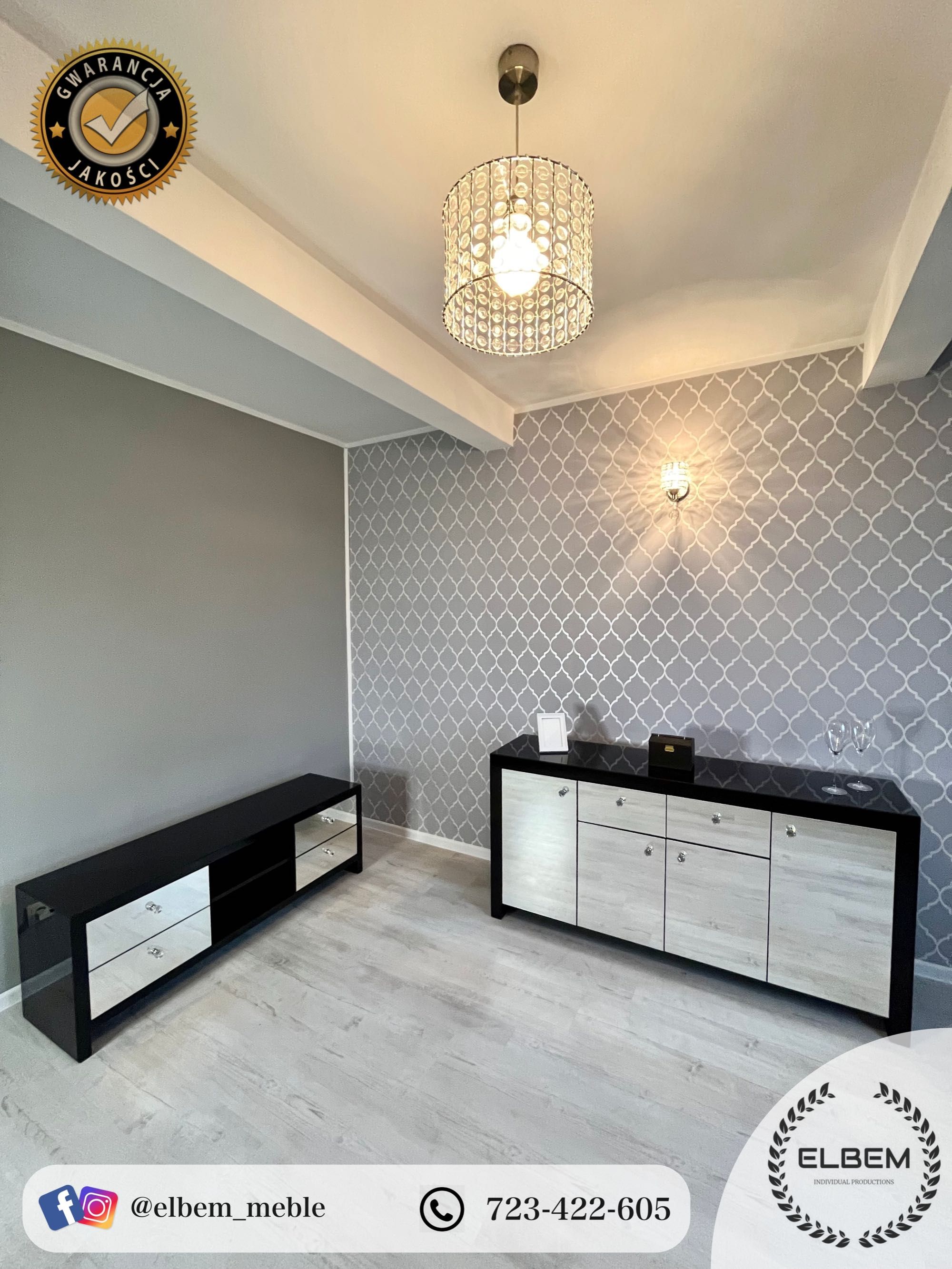 Szklana czarna komoda - lustrzany front Glamour