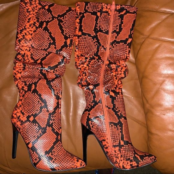 Shoe Dazzle Orange Snakeskin Heeled Boots