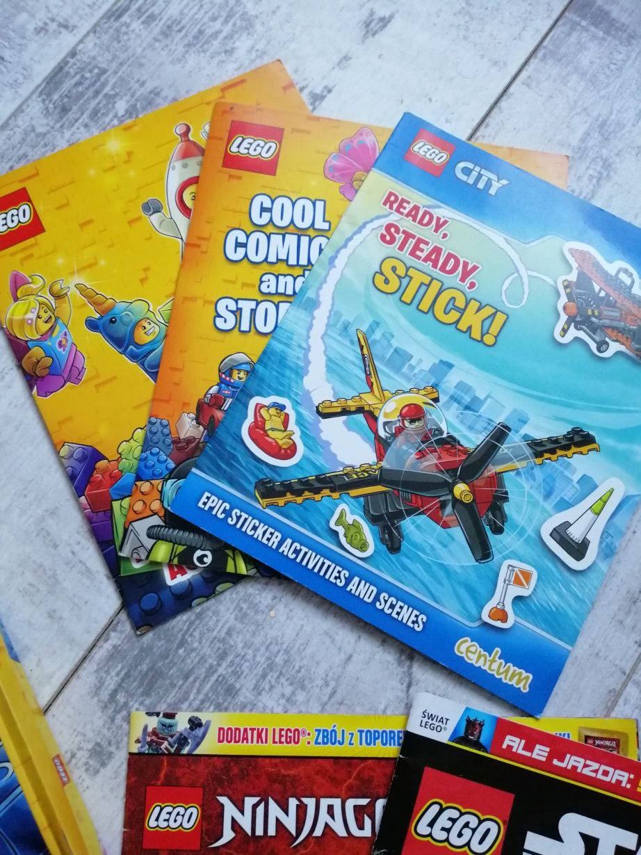 Zestaw Lego pudełko metalowe na klocki + 3 gazetki + 3 książeczki + al