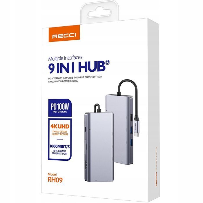Adapter 9W1 Hub Usb-C Do Hdmi 4K Usb 3.0 Karta Sd Vga Rj 45 Sieciowa