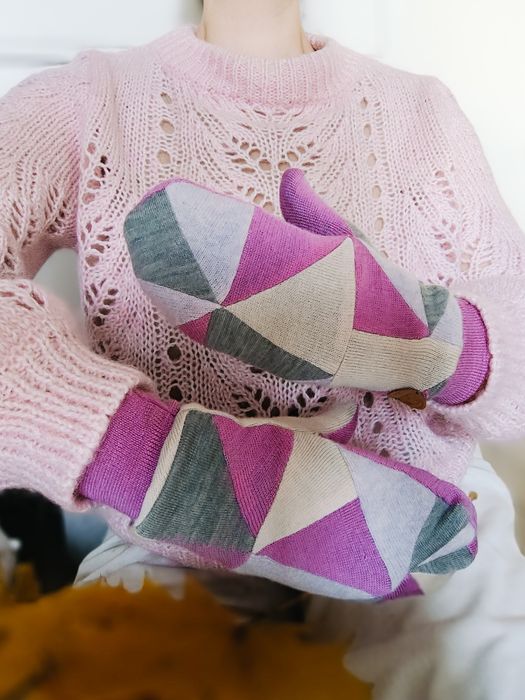 Rękawiczki patchworkowe damskie, 100% wełna, kaszmir