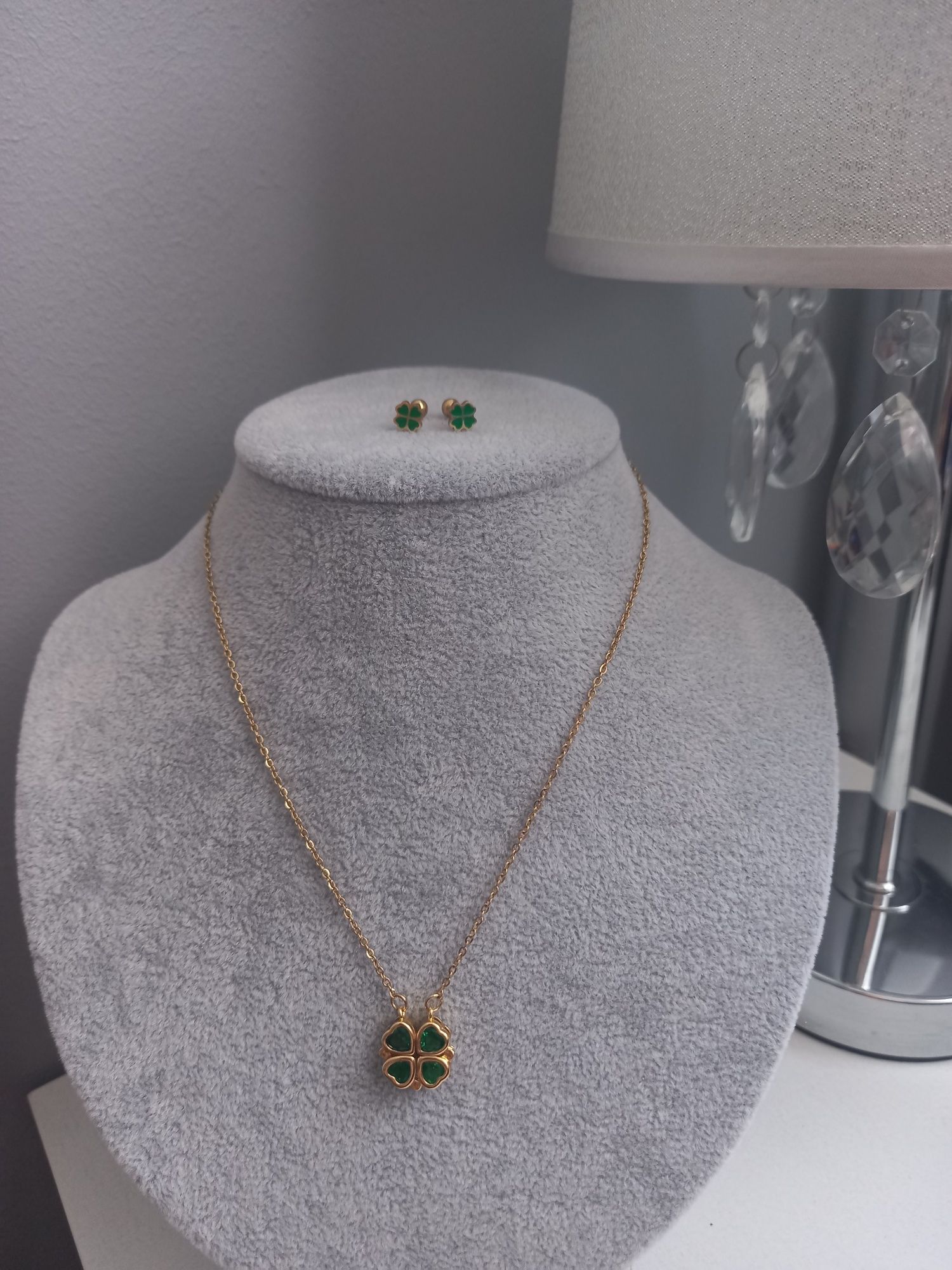 Komplet biżuterii zielona koniczynka Stal nierdzewna