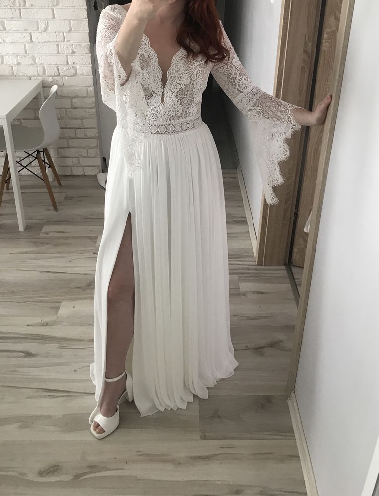 Suknia ślubna boho Annais Bridal Ganselma rozmiar S 36 koronka muślin