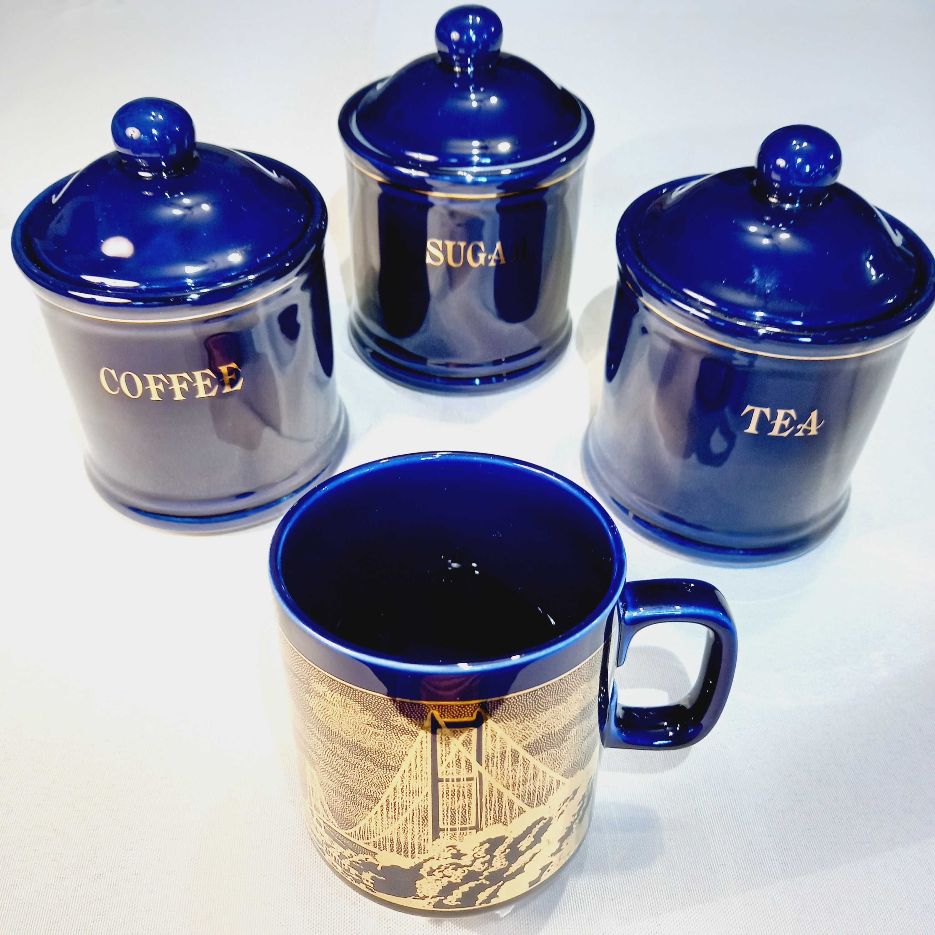 Porcelanowe pojemniki (herbata, kawa, cukier) +1 kubek Hornsea.
