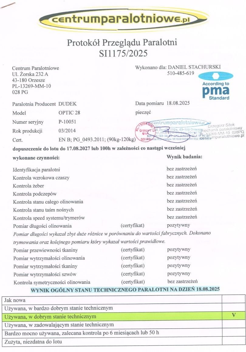 Paralotnia skrzydło Dudek Optic 28 NOWY przegląd stan bdb