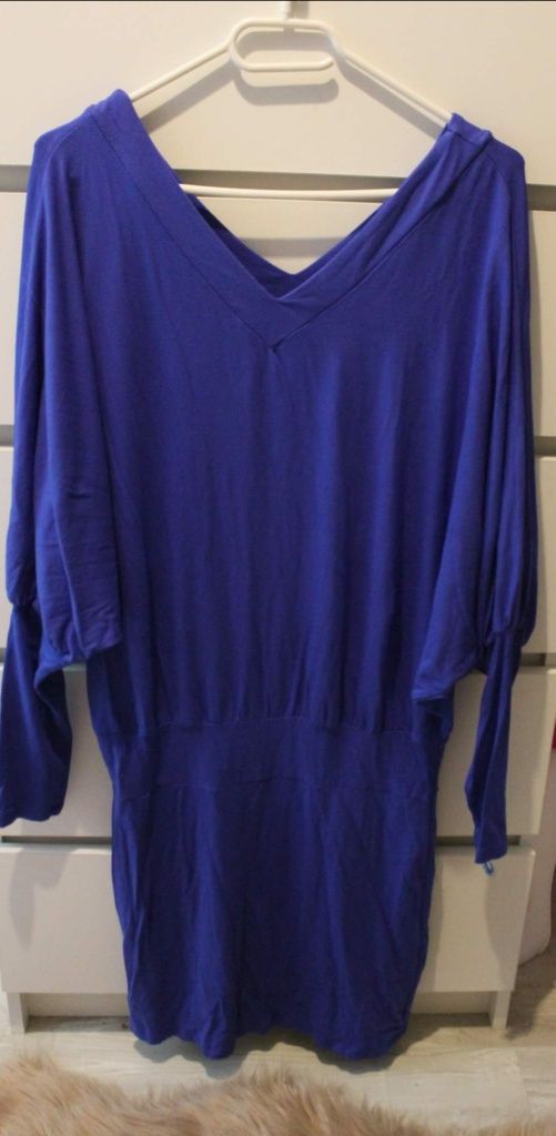 Niebieska sukienka Oxyd nietoperz v-neck serek bawełna L XL 40 42