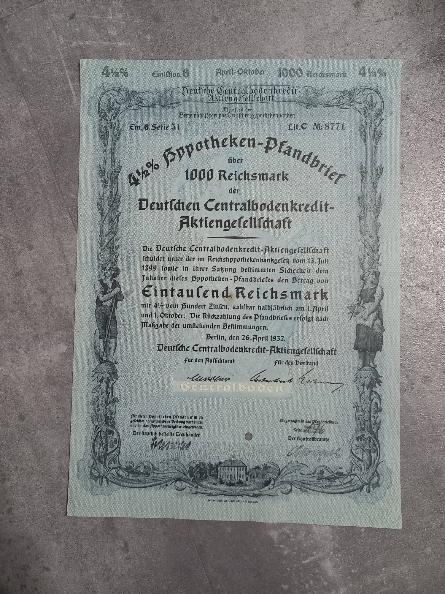 Niemcy: pożyczka hipoteczna na 1000 marek Berlin 1937 rok #7