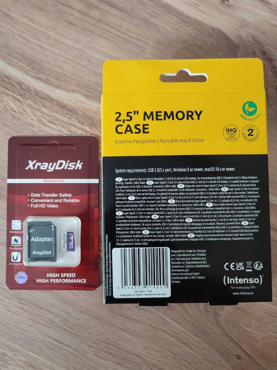 Karta microSDXC 128GB, dysk HDD Intenso 2,5'' Memory Case 1TB. USB 3.2