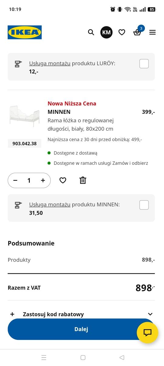 Łóżko Minnen Ikea białe z materacem