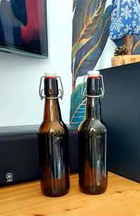Butelki dwie szklane 0,5 l brązowe szkło z korkiem szczelne zamykanie