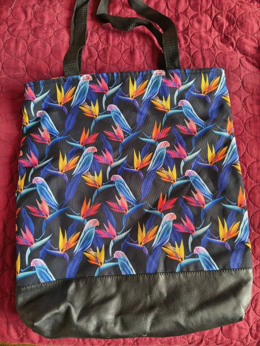 Piękna torba handmade papugi ptaki liście a4 na ramię shopper