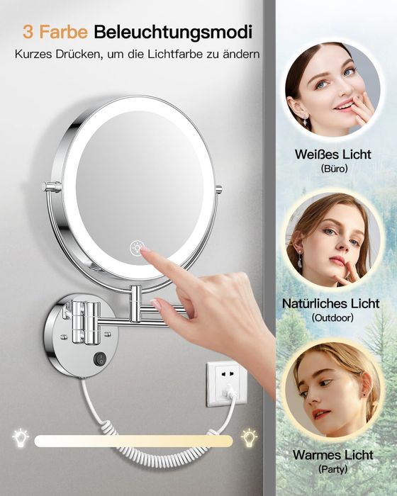 9-calowe ścienne lusterko do makijażu z oświetleniem, powiększenie
