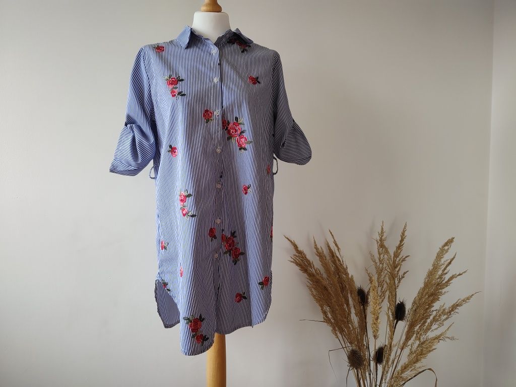 Koszula maxi oversize w paskii kwiatyi bawełna Made in Italy XXL