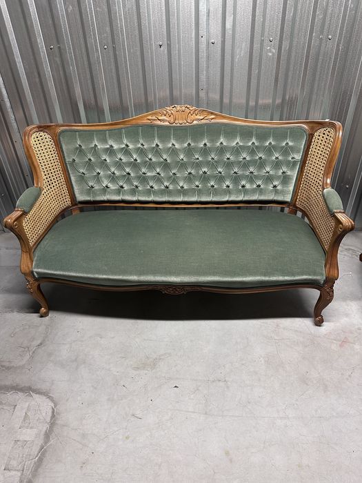 Vintage sofa kanapa plecionka chippendale Ludwik zielona retro