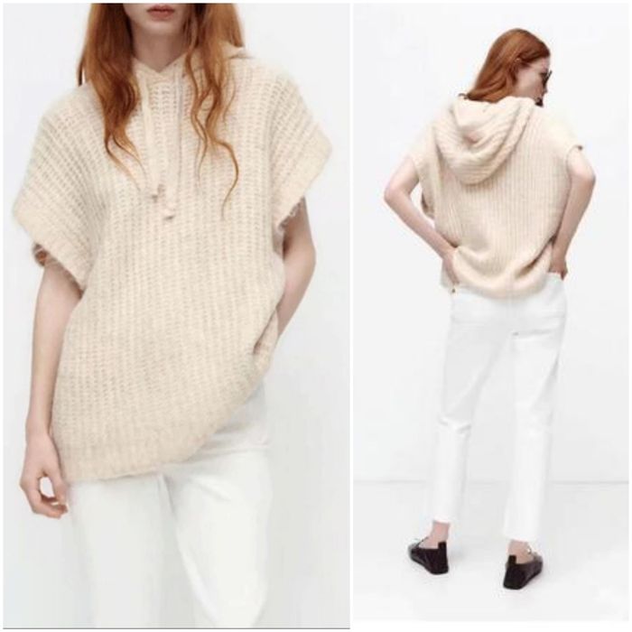 ZARA S-L Sweter bez rękawów z kapturem w kolorze ecru