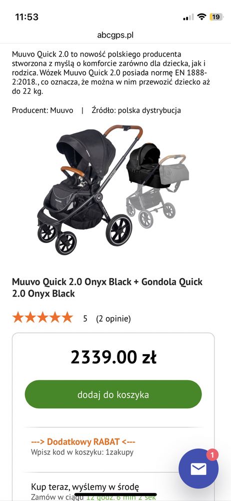 Wózek 2 w1 Muuvo Quick 2.0 Onyx Black + Gondola Quick 2.0 Onyx Black