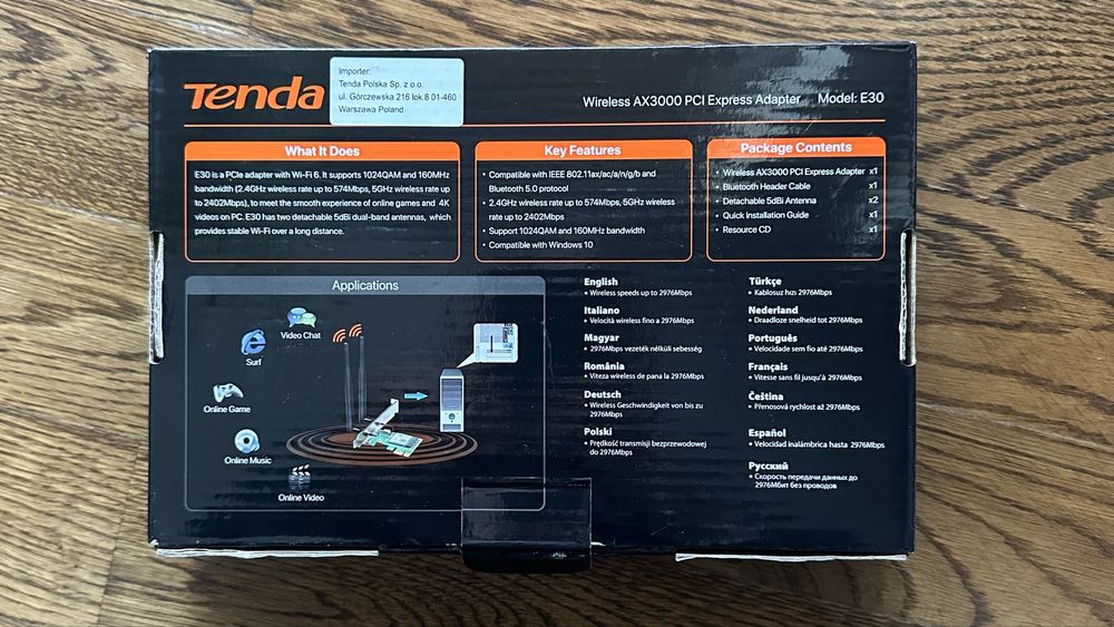 Karta adapter WiFi 6 Tenda E30 AX3000, 2,4/5GHz