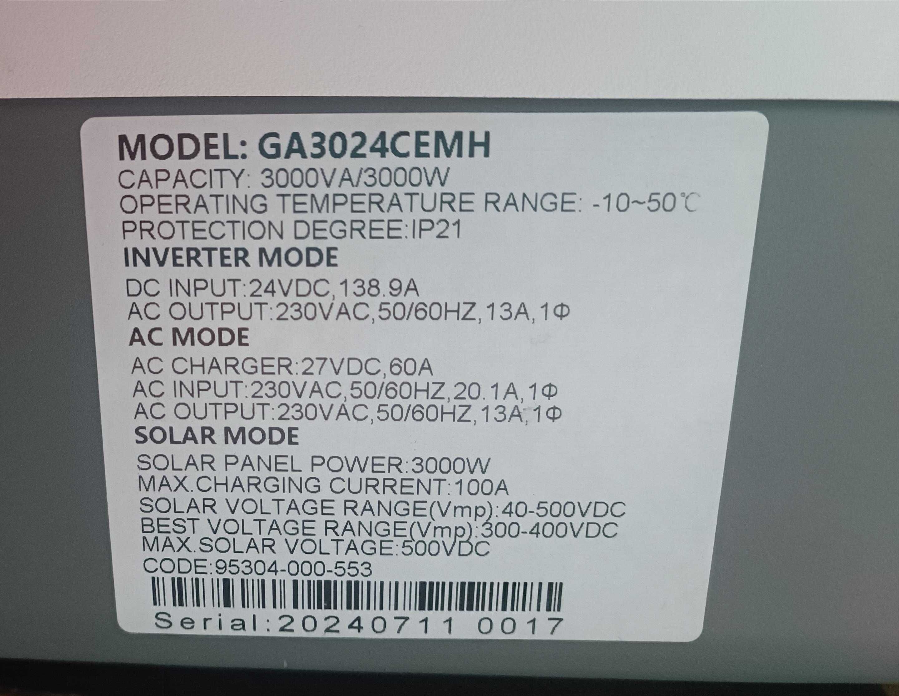 Інвертор гібридний 3 кВт 3000w 24v 230в GA3024CEMH