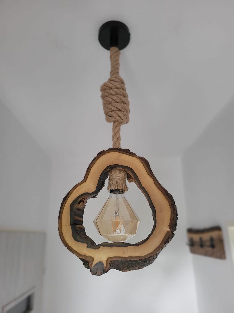 Lampa wisząca orzech włoski handmade Loft sznur jutowy