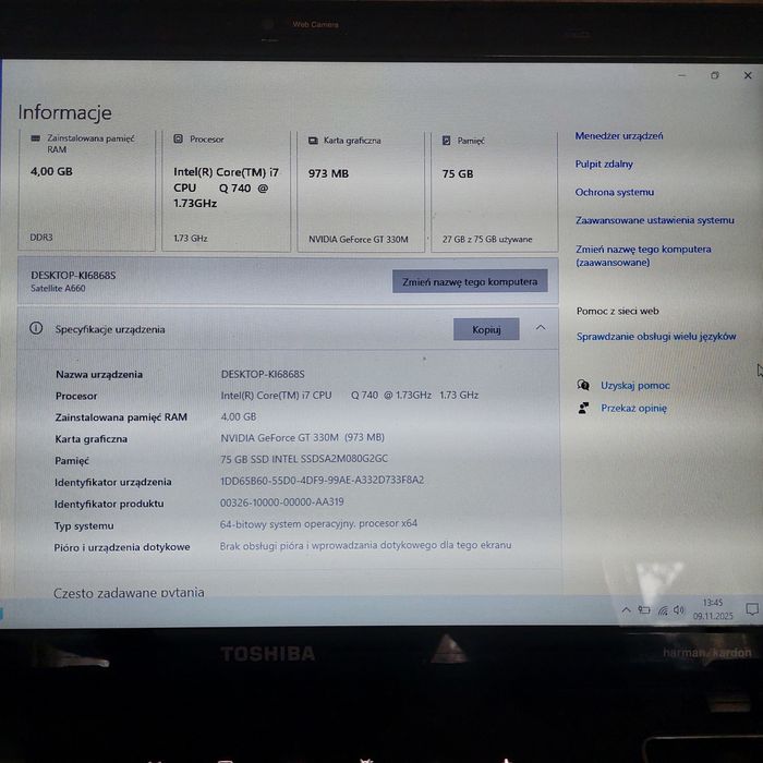 Laptop Toshiba Satellite A660. Intel Core i7. Dysk SSD