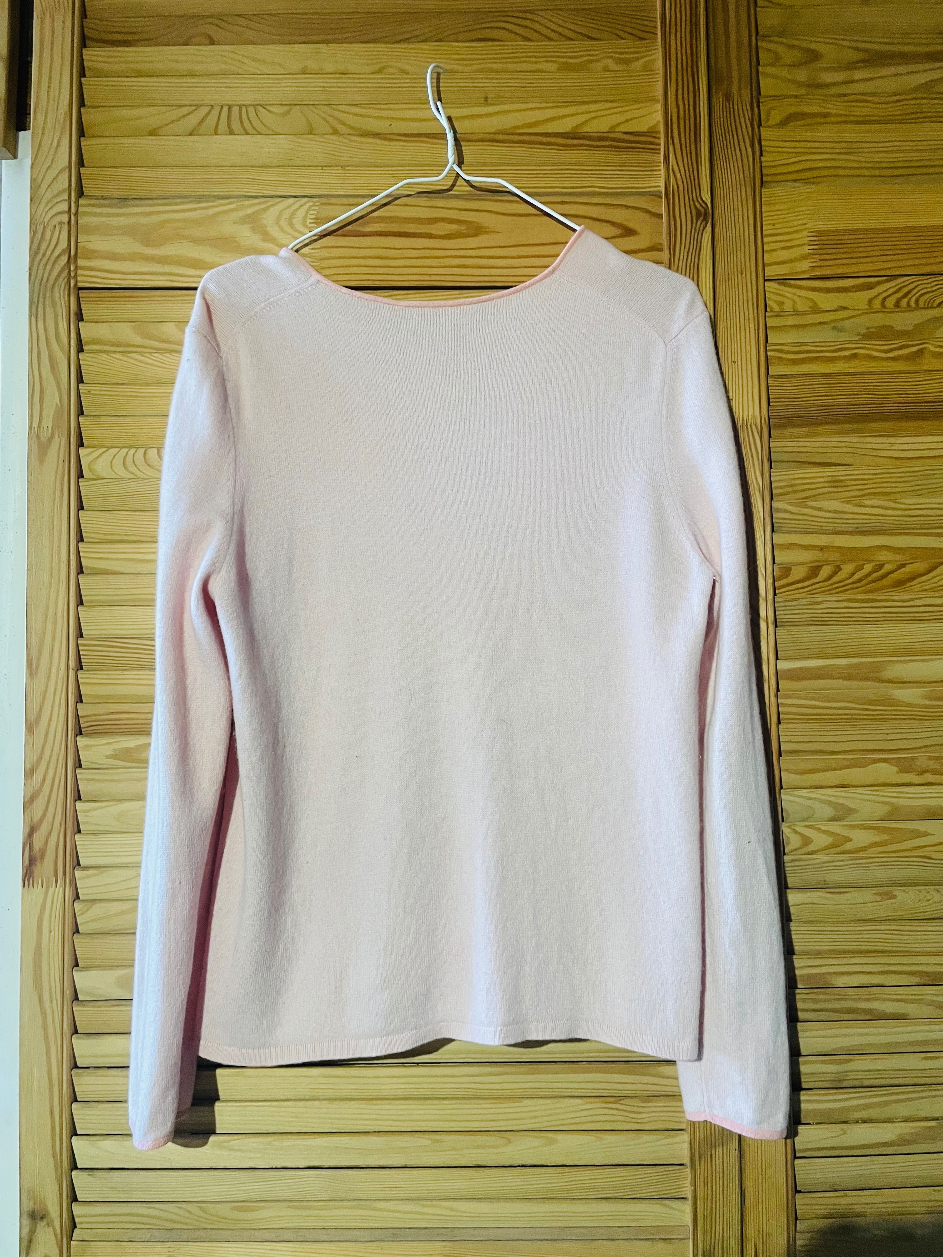 Sweter kaszmirowy pudrowy róż różowy jasny blady kardigan L XL