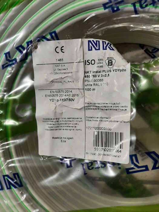 Przewód Płaski elektryczny, instalacyjny YDYpż NKT 3 x 2,5 100MB