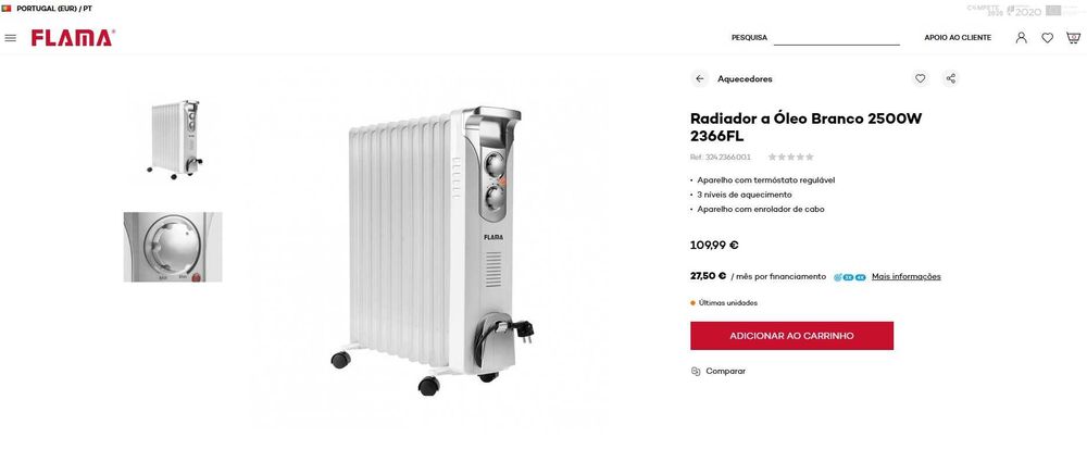 Radiador a Óleo Branco 2500W FLAMA 2366FL