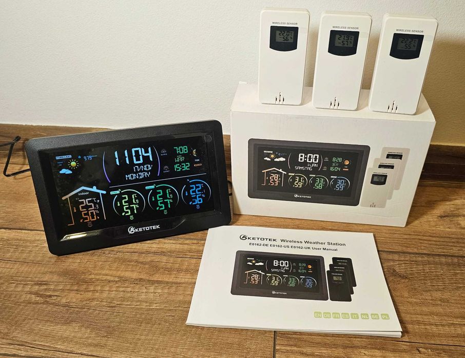 KETOTEK Bezprzewodowa stacja pogodowa z 3 czujnikami zewnętrznymi