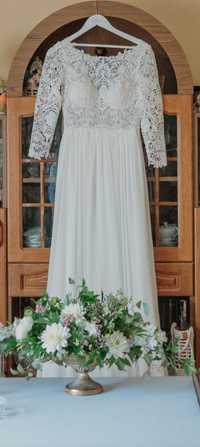 Suknia ślubna Sabe Fjord muślinowa, boho, gipiura . Welon GRATIS