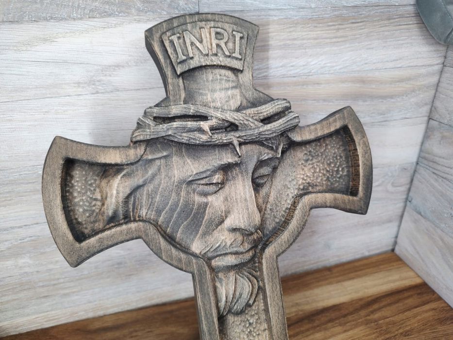Płaskorzeźba drewniany duży Krzyż nowoczesny Jezus inri prymicje 120cm