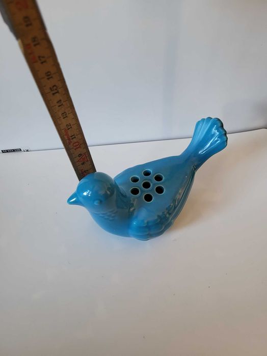 Ceramiczny niebieski gołąb, wazonik, retro dekoracja domu