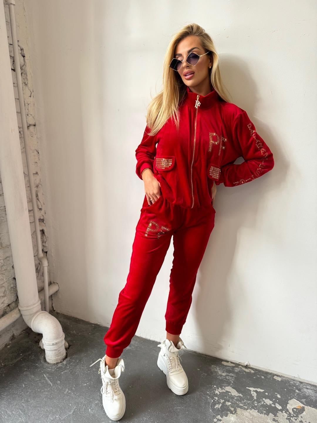 Elegancki komplet dres welurowy dwa kolory logo paparazzi