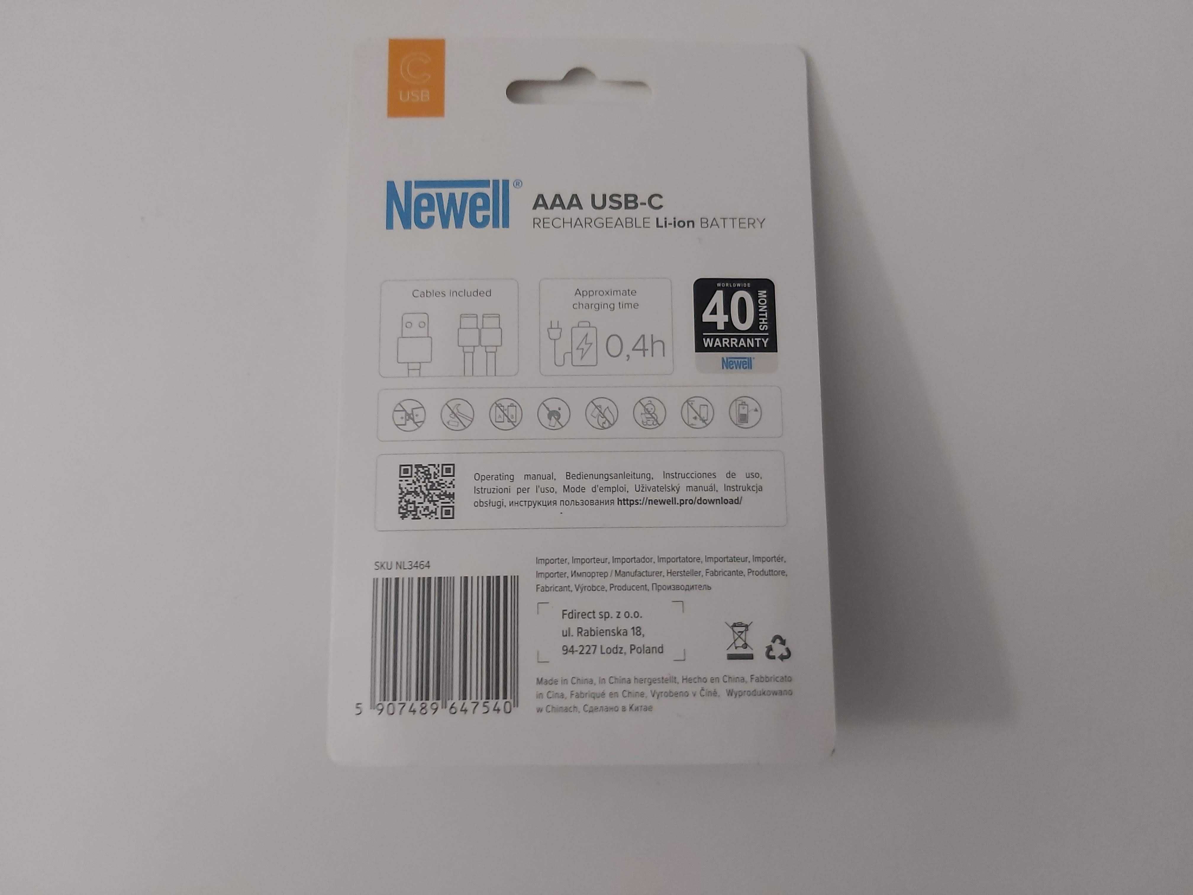 Nowe Akumulatory Baterie Newell AAA Paluszki USB-C 500 mAh 2 sztuki