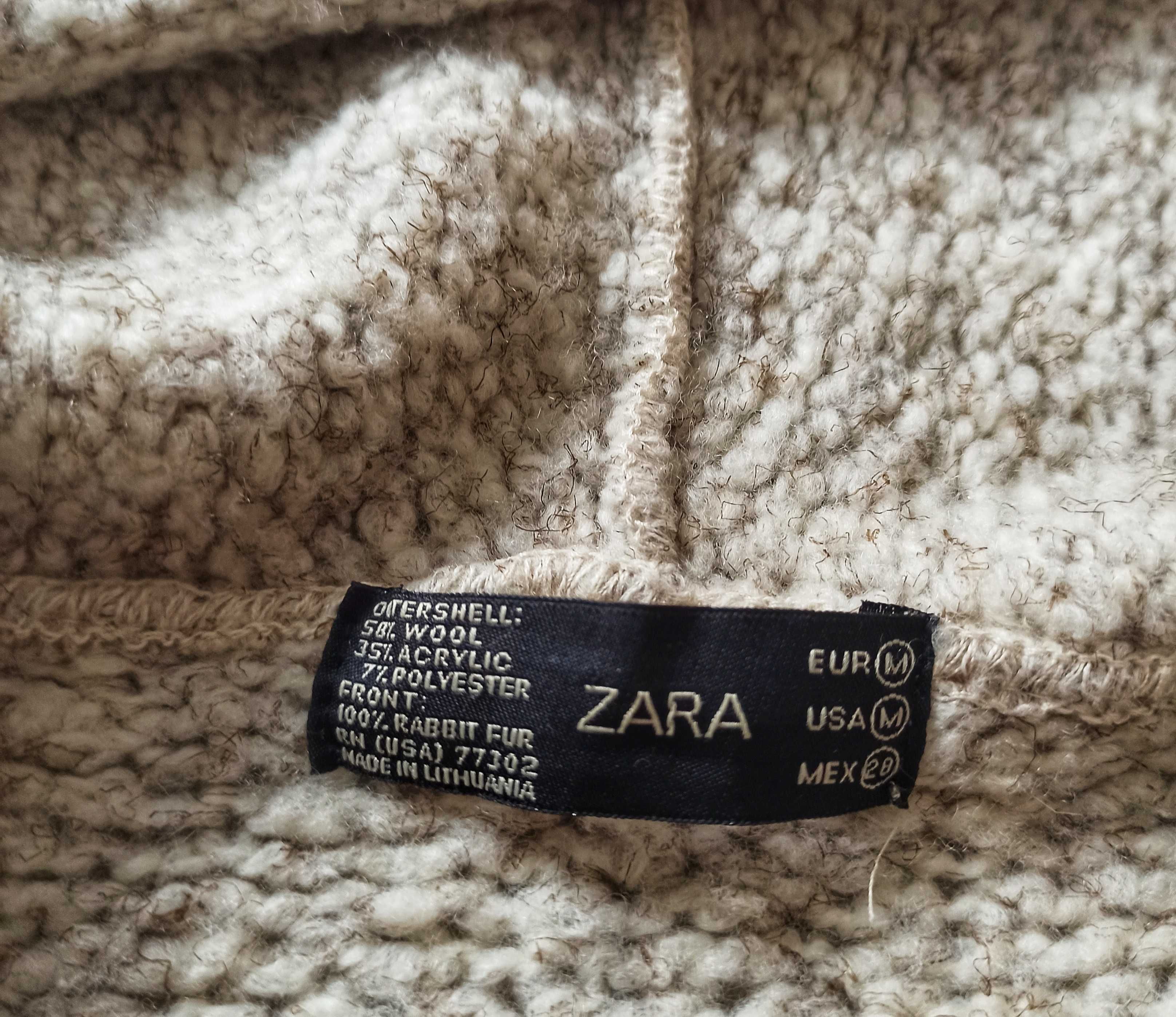 Kremowy wełniany sweter z futrem z królika, kardigan z kapturem, Zara