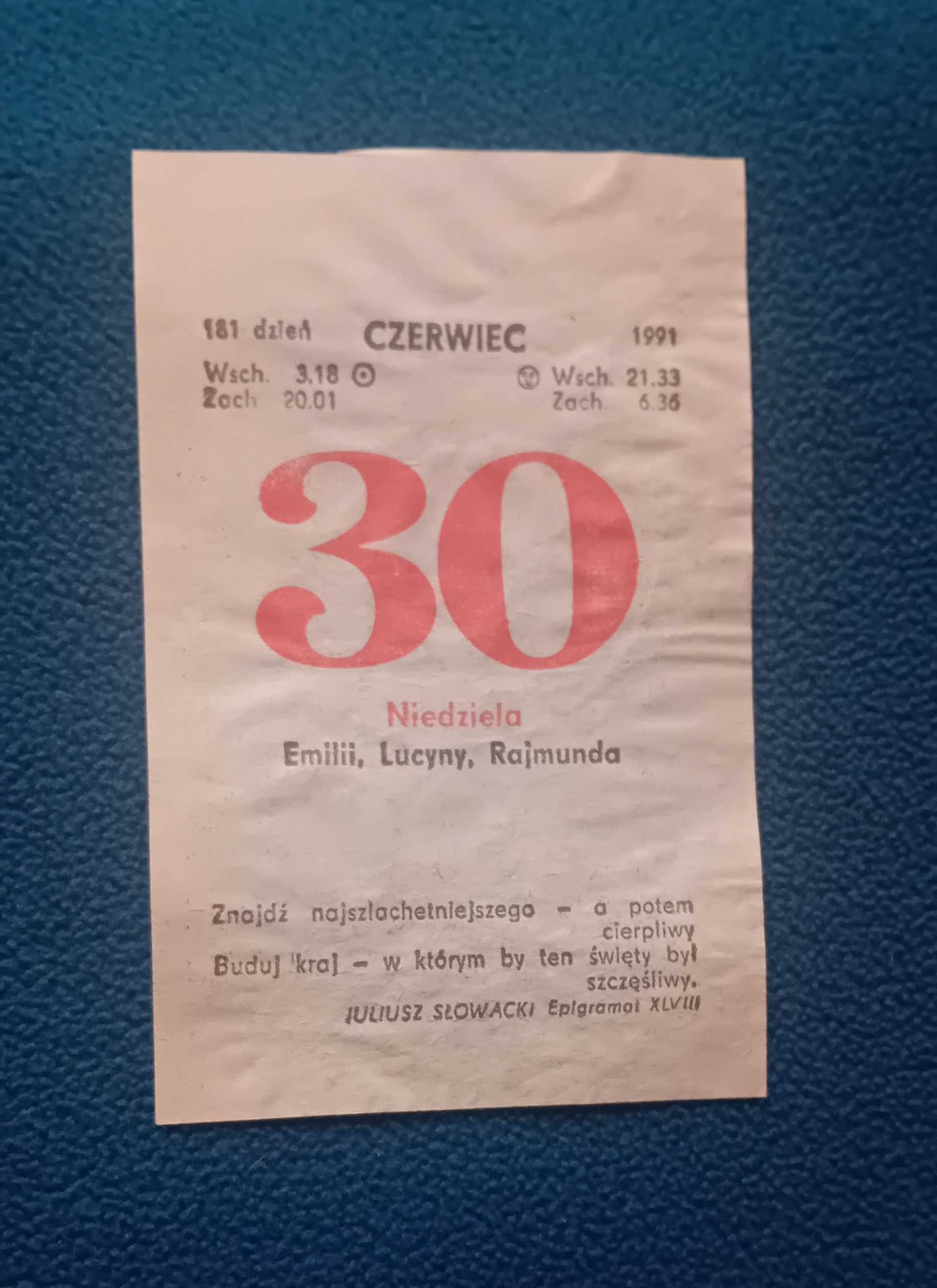 Kartka z kalendarza ściennego - zdzieraka, 30 czerwca 1991 r.