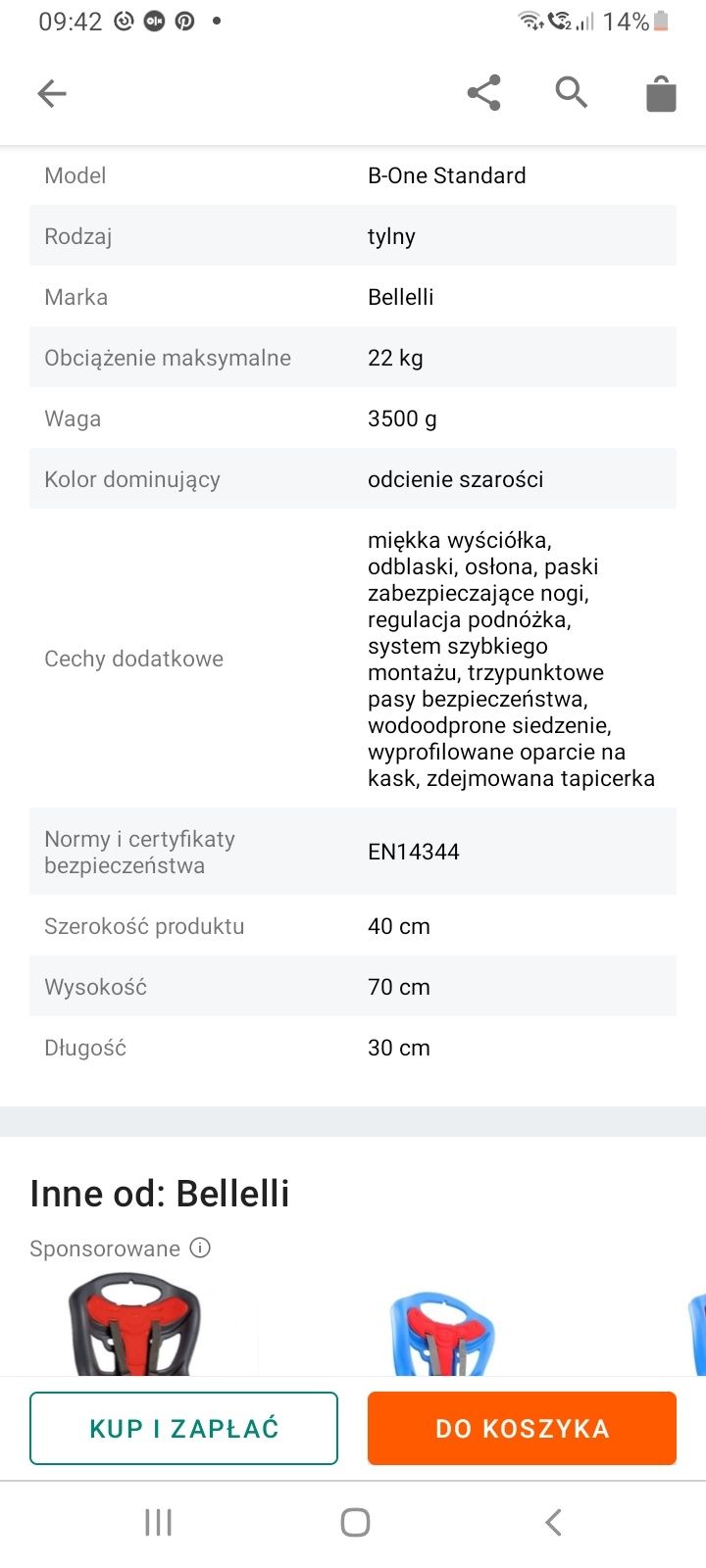 Fotelik rowerowy Belleli b-one do 22 kg