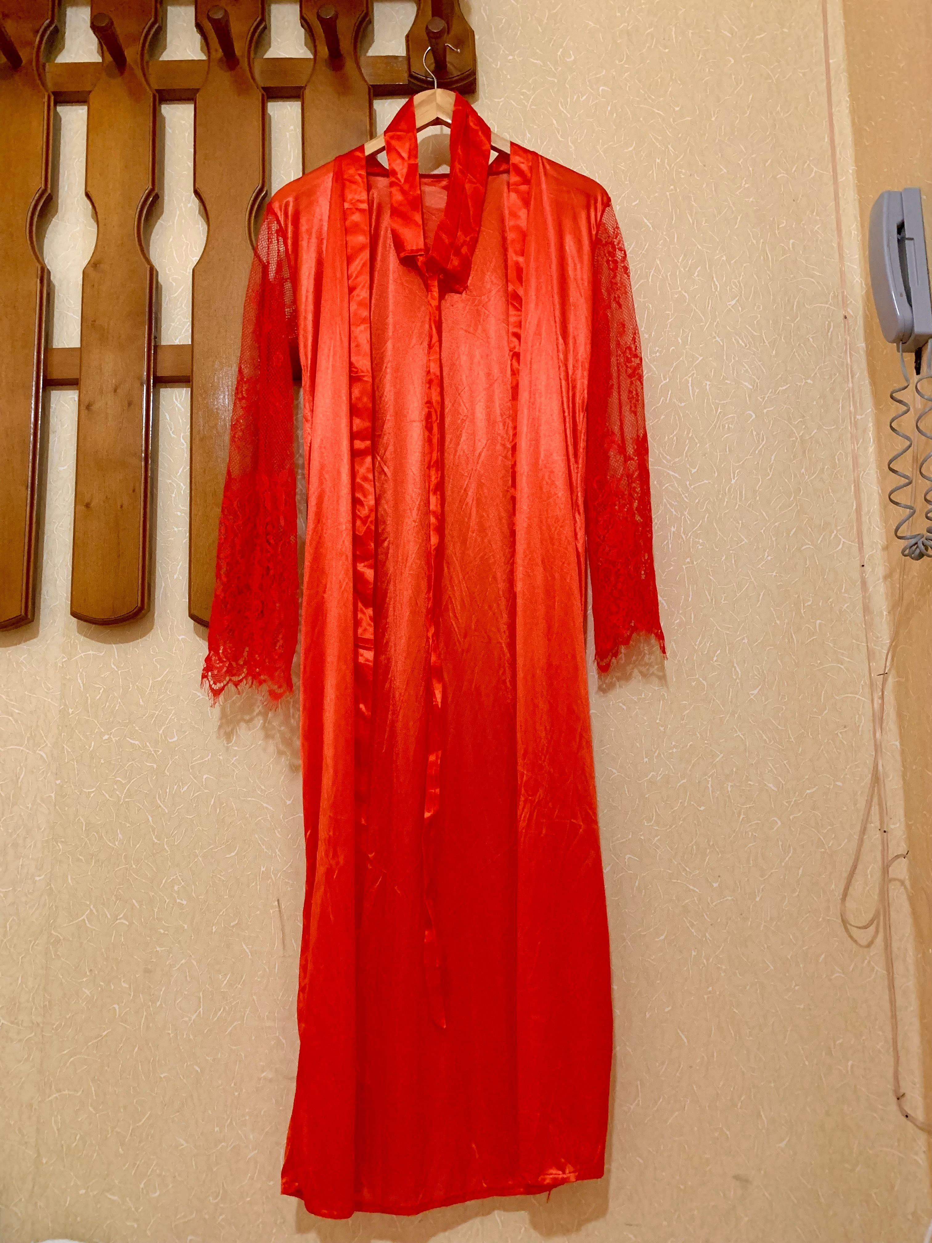 Красный эротичный длинный халат пеньюар накидка вискоза кружево