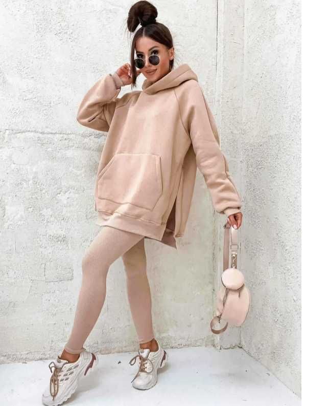 Komplet dresowy damski z rozcięciem Beżowy legginsy + bluza Universal