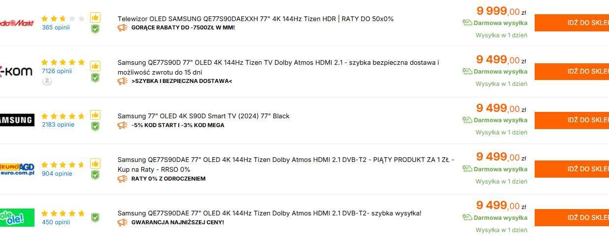 NOWY Telewizor OLED Samsung QE77S90D 77 cali 4K UHD gwar 2 lata