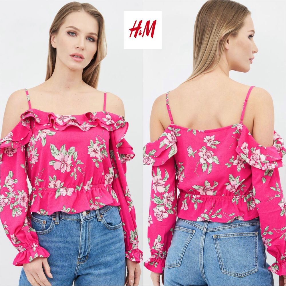 Блуза с длинным рукавом открытыми плечами рюшами в цветочный принт h&m