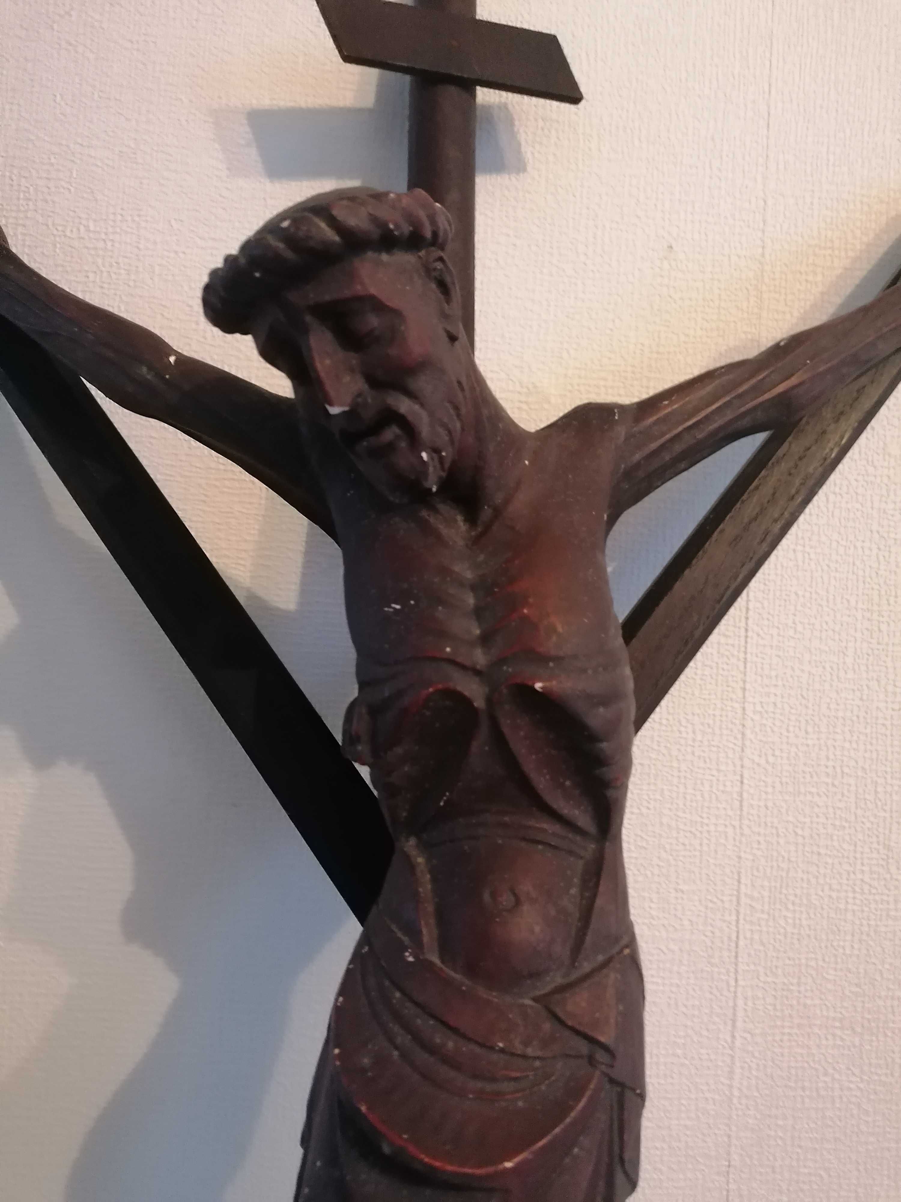 Stary oryginalny krucyfiks z gipsową postacią Chrystusa 76 cm