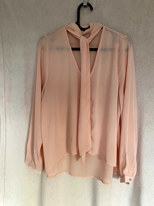 Lekka koszula asymetryczna z wiązaniem pod szyją zwiewna długi rękaw