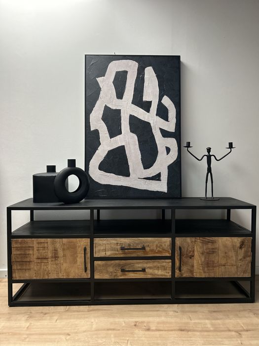 Komoda LOFT drewniana mango metal czarna szafka rtv pod tv NOWA