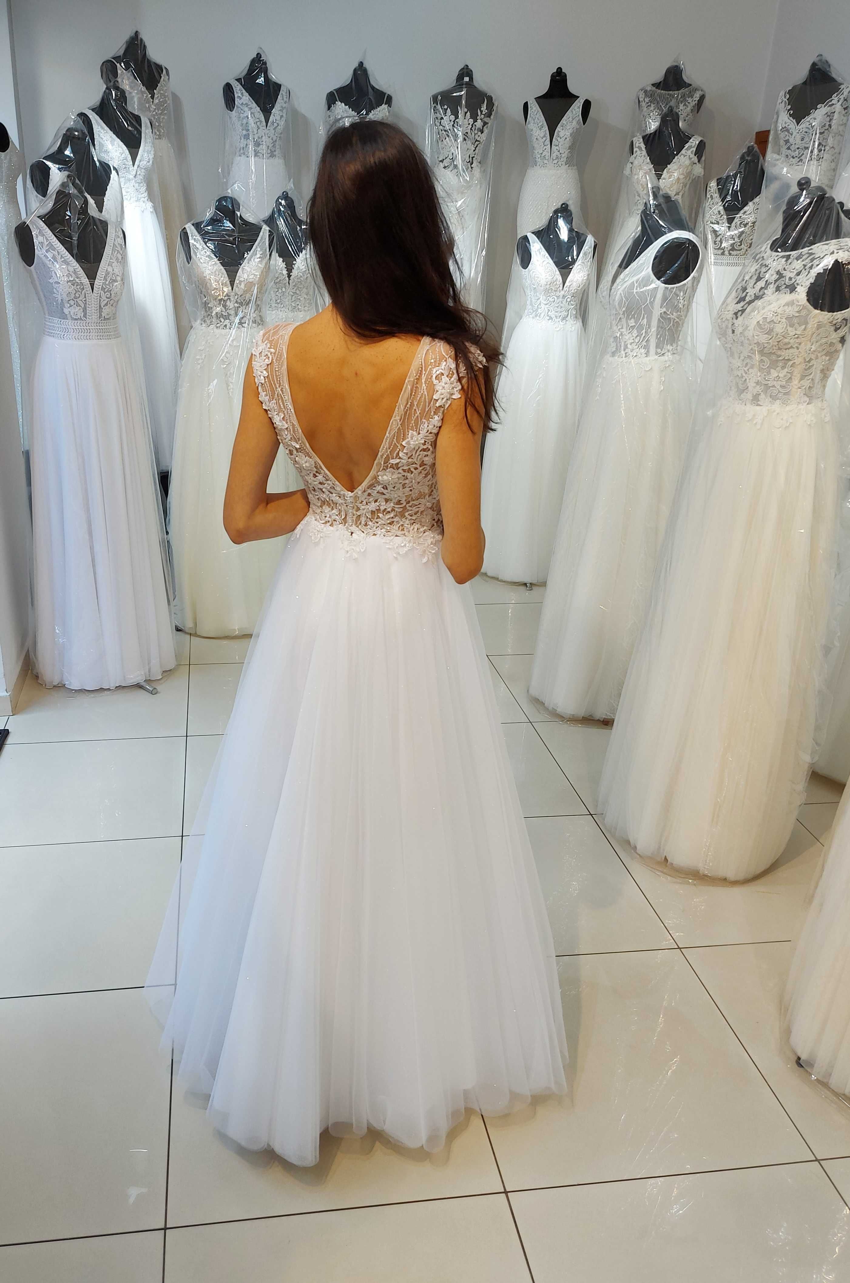 Piękna biała suknia ślubna, szyta na 168cm, dla szczupłej osoby+welony