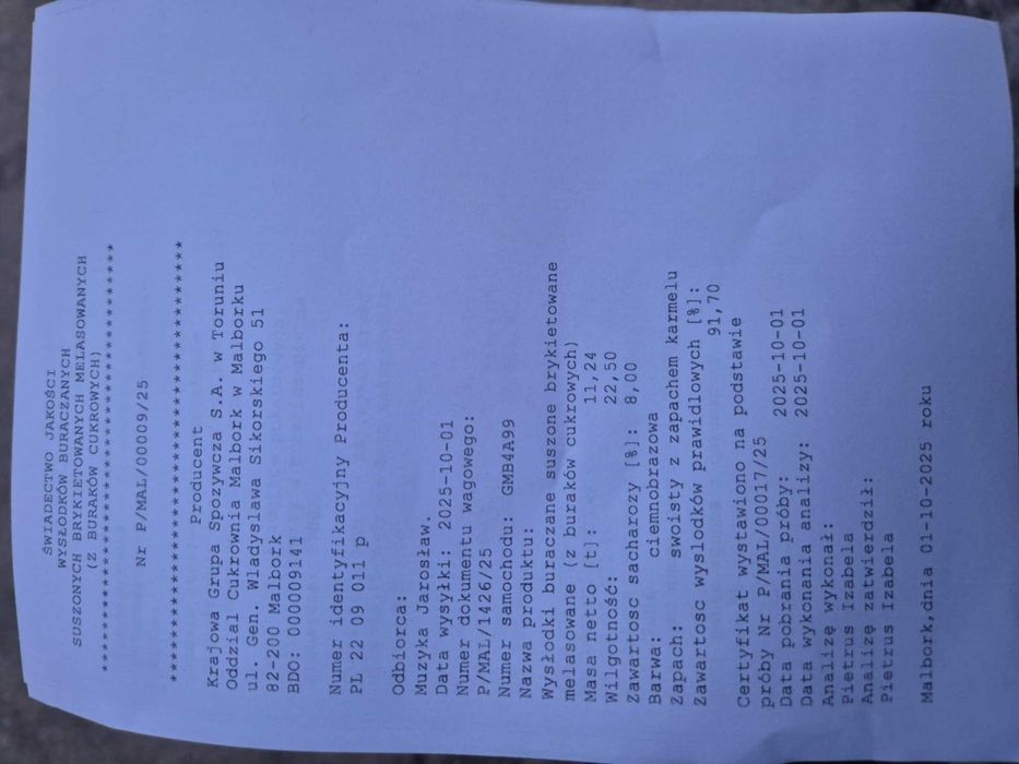 Wysłodki suche melasowane 6 mm big-bag cukrownia Malbork