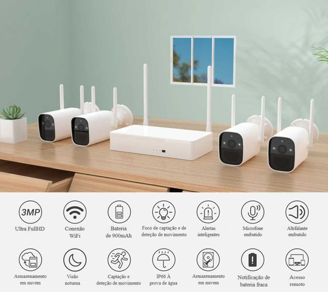 Conjunto 4 Câmaras 3MP WiFi * 120 Dias Autonomia * Visão Noturna