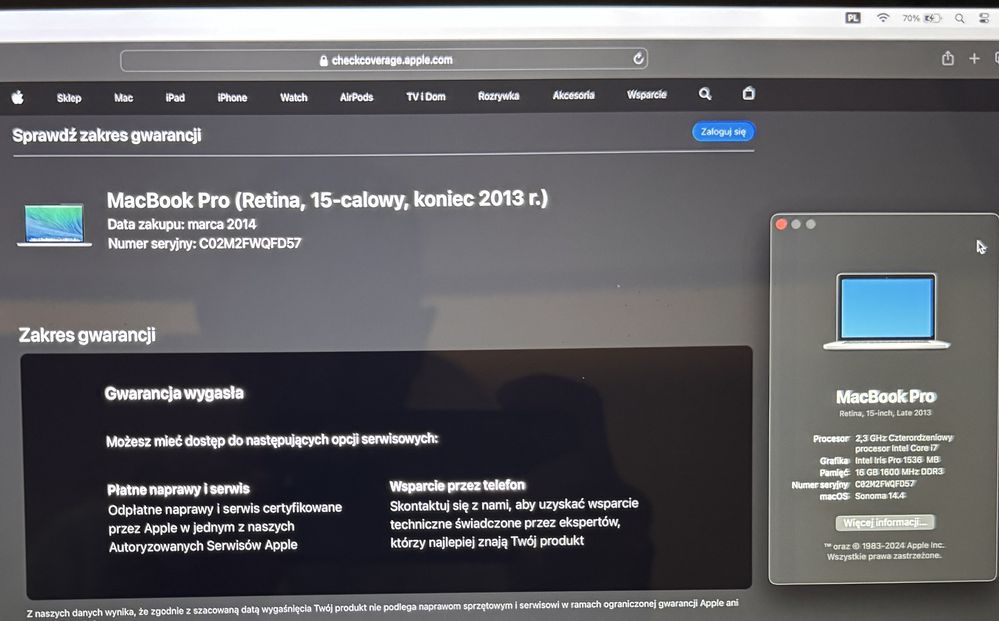 MacBook Pro A1398/late 2013/i7/2.3GHz/16GB/512GB/15.4/GT750/Nowa Bater