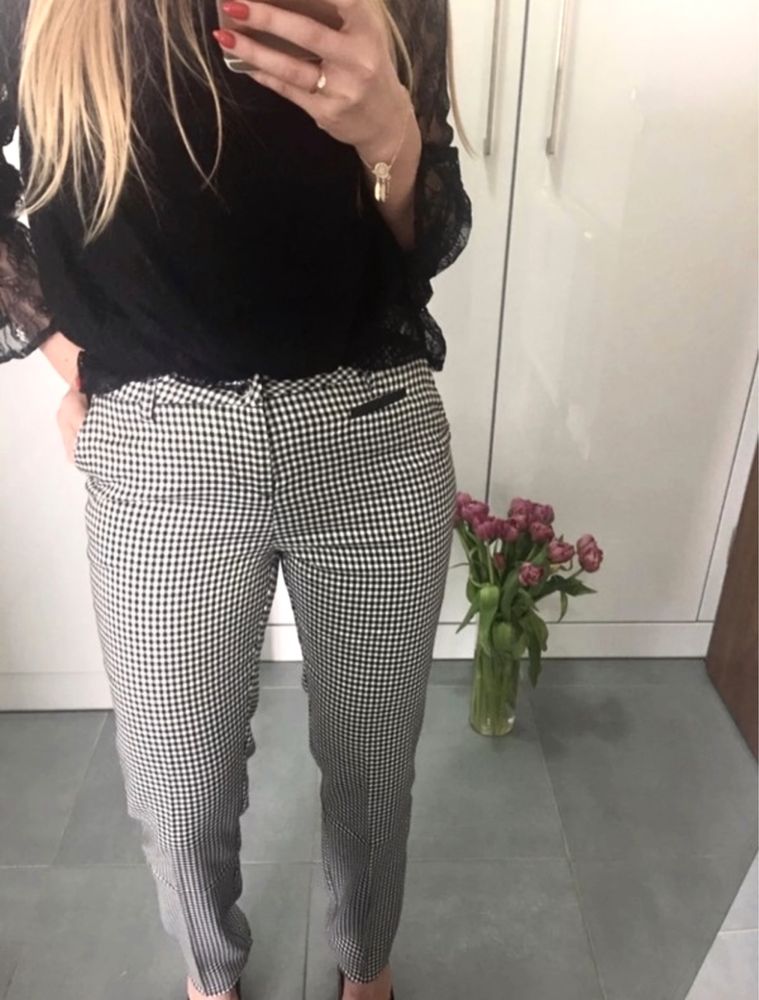 Elegancie spodnie w kant czarno białe w kratkę XS 34