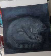 Własnoręcznie malowany obraz śpiącego kotka